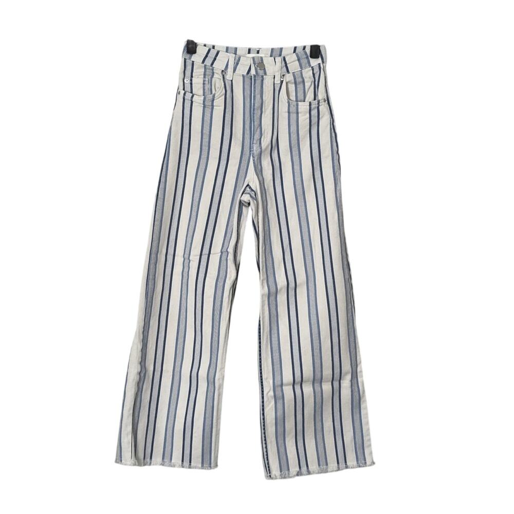 H&M Blue and White Stripe Denim‎ Cropped Flare Leg Raw Hem Jeans Size 4